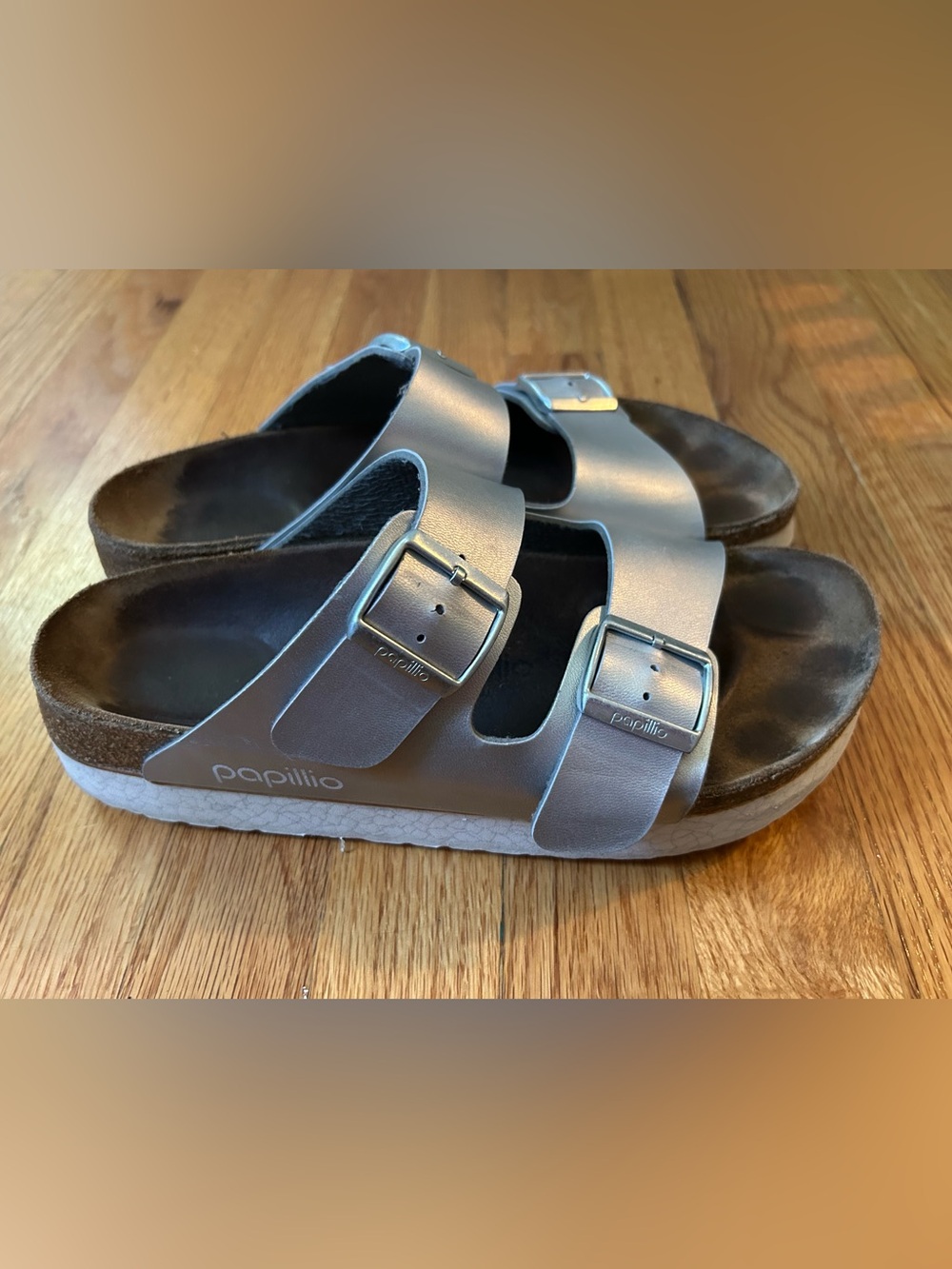 Birkenstock Papillio Metallic Silver Platform Two-Buckle Sandals